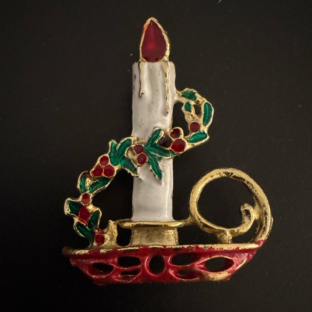 Festive Candle Brooch with Holly Accents - 2”